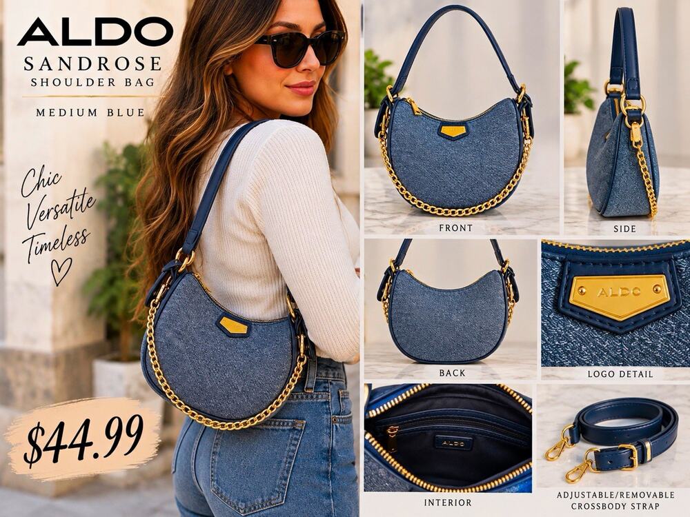 ALDO Blue Crescent Shoulder Bag Zip Closure Chain Strap Adjustable Detachable